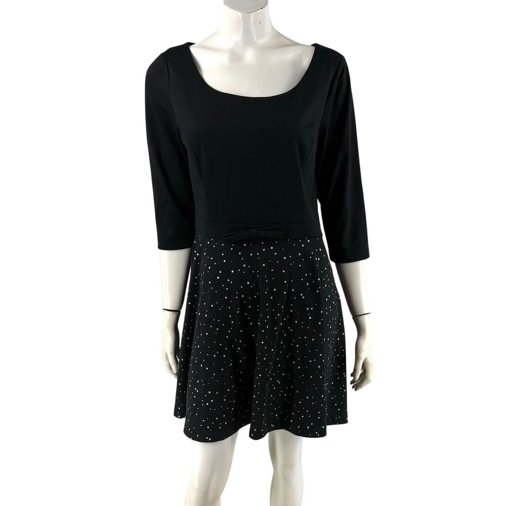Lauren Conrad Womens Fit Flare Dress Size 16 Black White Star Print 3/4 Sleeve